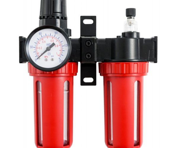 Regulátor tlaku vzduchu s odlučovačem a přimazávačem 1/2″ / 21mm – červený